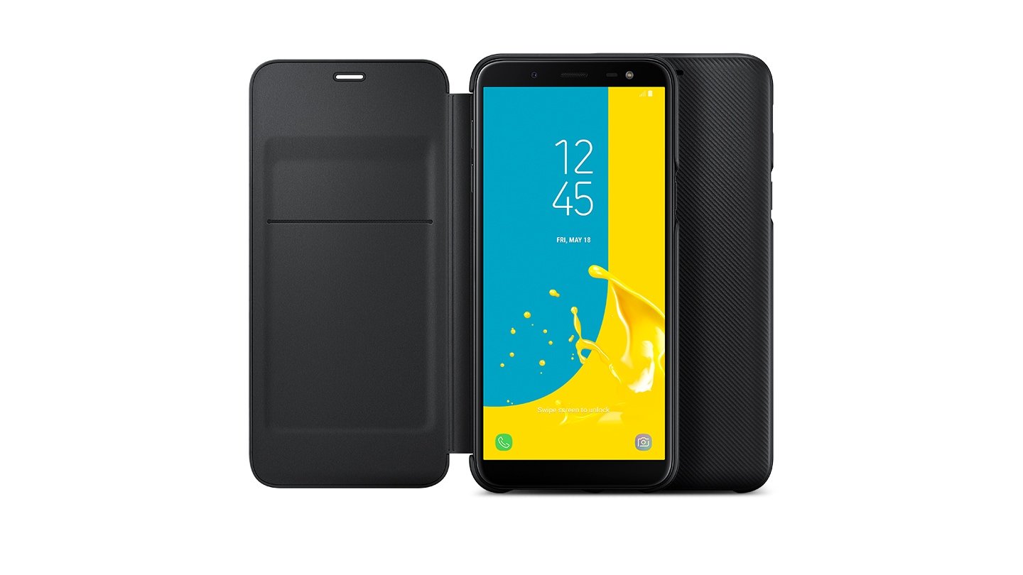 Samsung Etui Wallet Cover J6 czarne otwarte z telefonem
                    