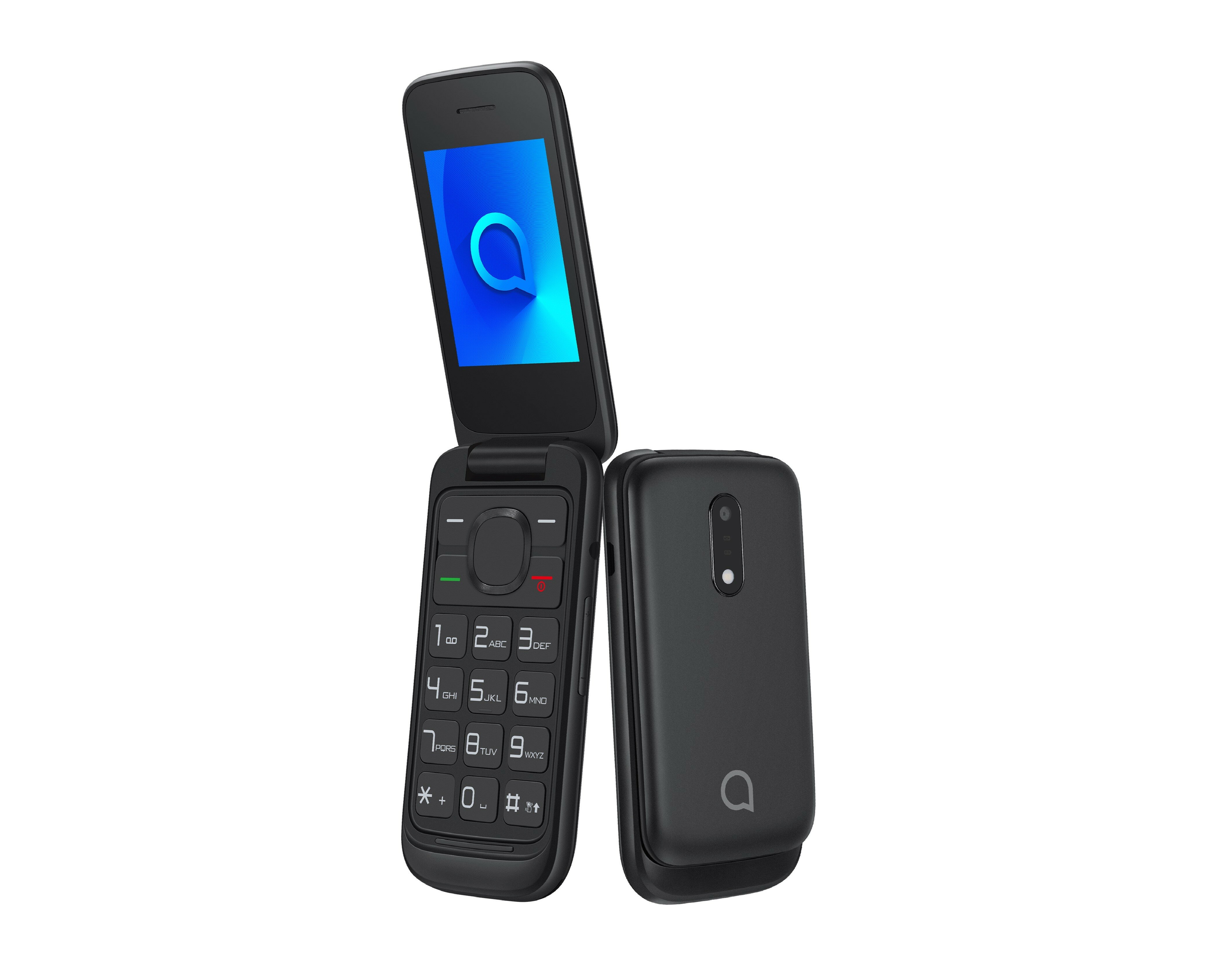Telefon Alcatel 2053 [2053X] czarny widok pod kątem na telefon z otwartą i zamkniętą klapką