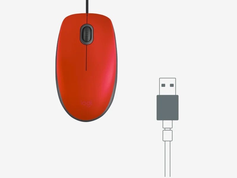 Mysz przewodowa Logitech M110 Silent Szara od frontu z ikoną kabla usb