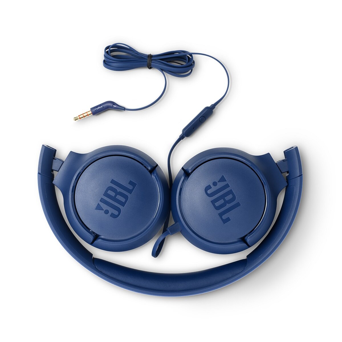 Słuchawki JBL TUNE500 niebieskie widok na złożone słuchawki, widoczny przewód jack 3,5mm