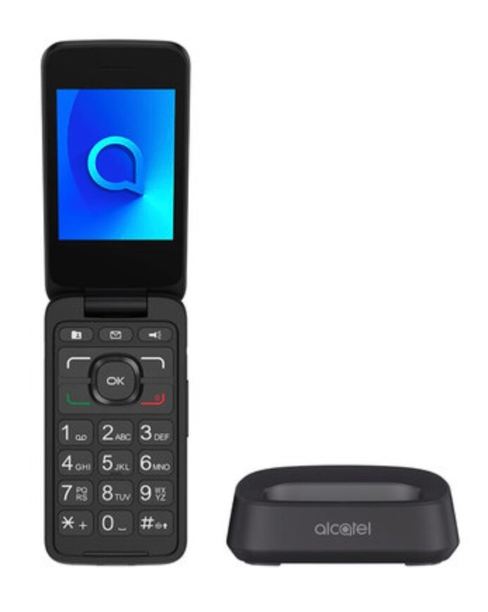 Telefon Alcatel 30.26 Szary z przodu wraz ze stacją ładującą