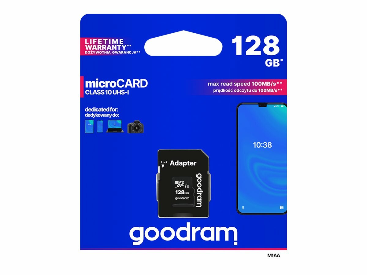Karta pamięci GOODRAM microSDXC 128GB 100MB/s C10 opakowanie karty - widok od przodu