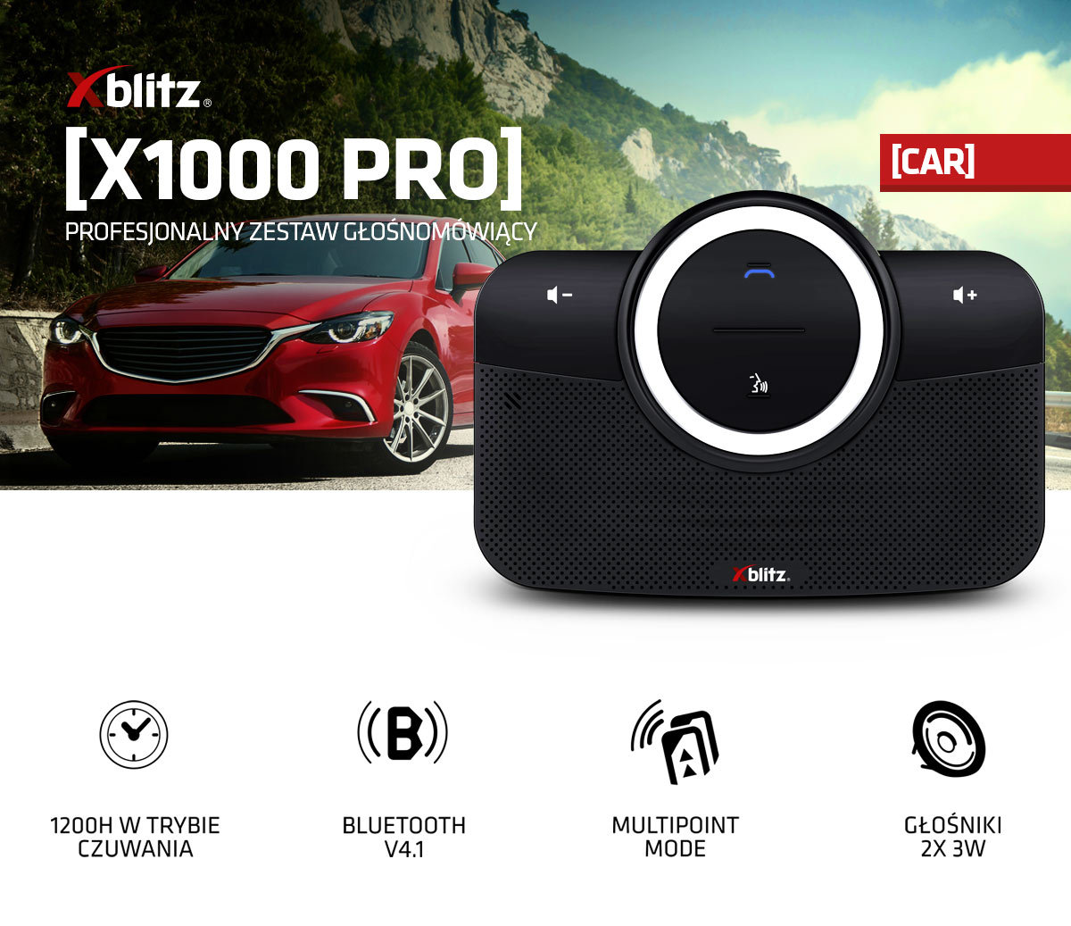 Zestaw głośnomówiący Xblitz X1000 Professional Bluetooth na tle samochodu wraz z opisem specyfikacji