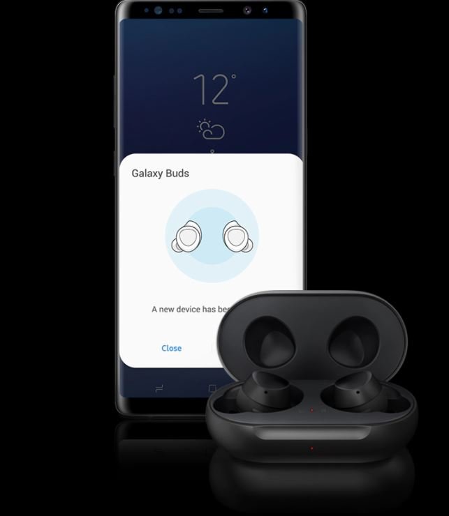 Słuchawki bezprzewodowe Samsung Galaxy Buds SM-R170NZKAXEO czarne widok od przodu na słuchawki w etui i telefon