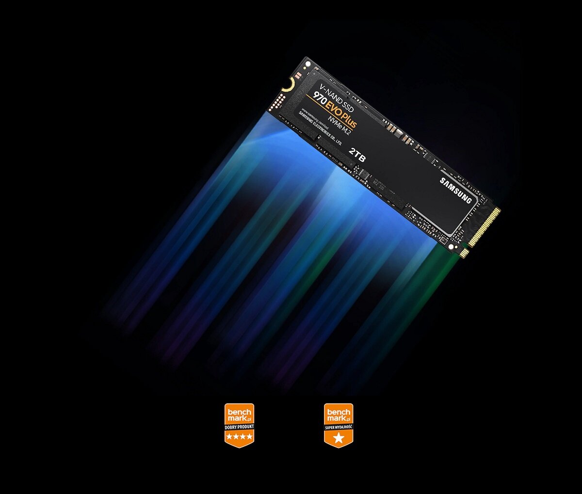 Dysk SSD Samsung 970 EVO Plus 1TB M.2 pod skosem z grafiką pokazującą prędkość