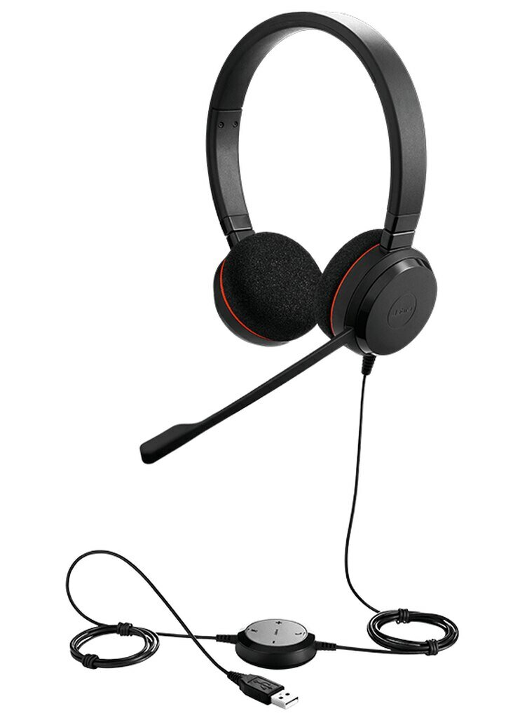 Zestaw słuchawkowy Jabra Evolve 20 Stereo MS czarny z mikrofonem i kablem na białym tle