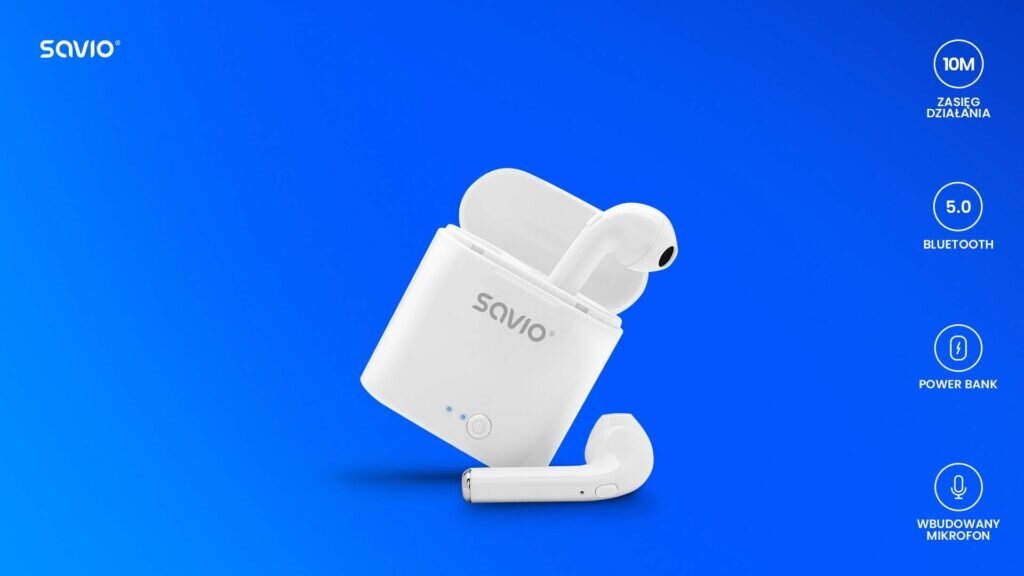 Słuchawki bezprzewodowe Savio TWS-01 Bluetooth od frontu z ikonami funkcji