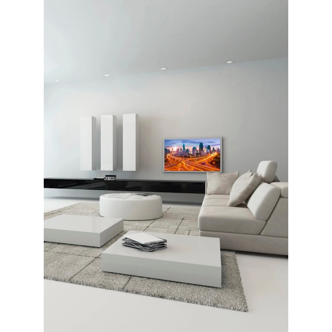 Uchwyt do telewizora Hama Vesa 400x400 Premium Fix LCD 65” telewizor zamontowany za pomocą uchwytu na ścianie