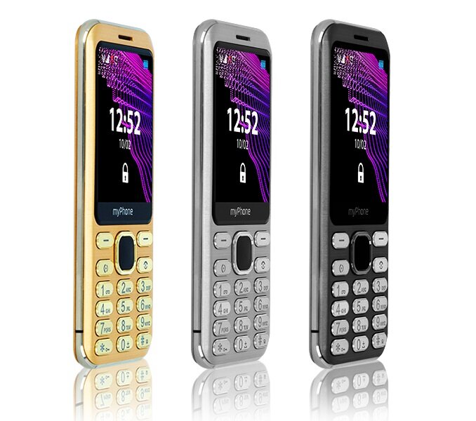 Telefon myPhone Maestro złoty od boku obok innych wersji kolorystycznych