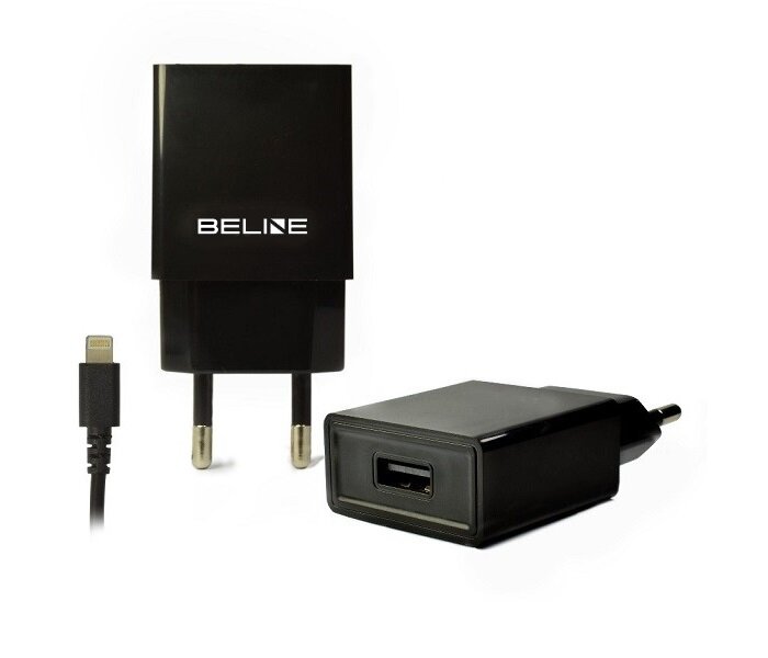 Ładowarka sieciowa Beline BELI0007 od frontu, od boku pod skosem w prawo i widok na końcówkę kabla