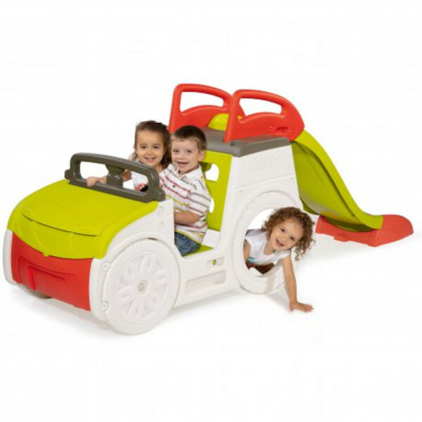 Zjeżdżalnia Smoby samochód przygoda 18 m + dzieci bawiące się w samochodzie