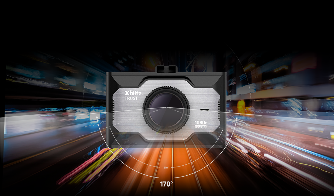 Wideorejestrator Xblitz Trust Full HD zbliżenie na obiektyw, pokazany szeroki kąt widzenia kamery