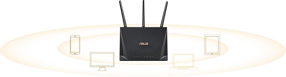 Router Asus RT-AC85P router na tle smartfona, telewizora, laptopa tableta