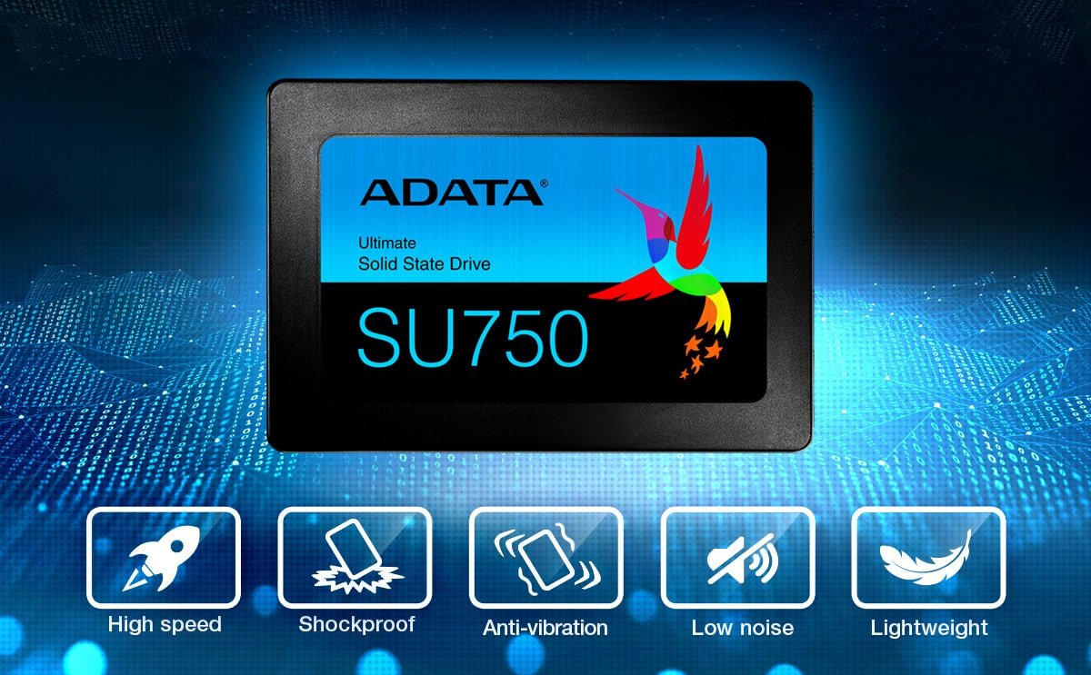 Dsyk SSD Adata Ultimate SU750 ASU750SS-512GT-C 512GB Widok od przodu na dysk, poniżej graficzne przedstawienie najważniejszych funkcji