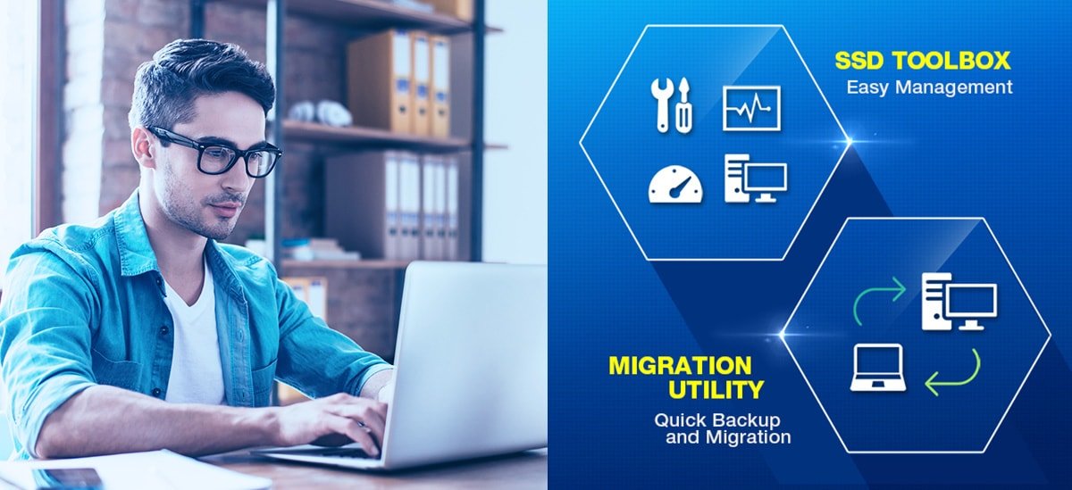 Dsyk SSD Adata Ultimate SU750 ASU750SS-512GT-C 512GB zdjęcie marketingowe przedstawiające osobę pracującą, obok schematyczne przedstawienie migracji danych