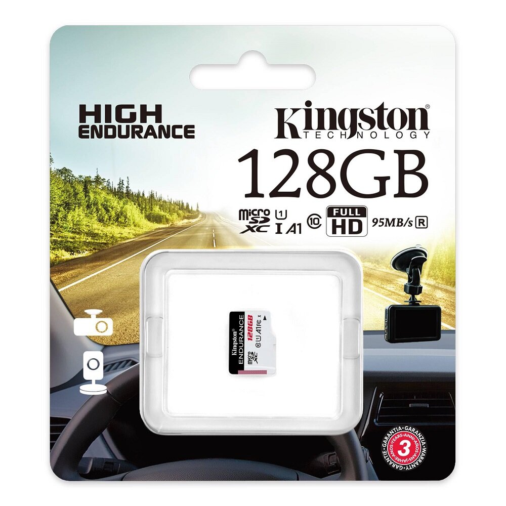 Karta pamięci Kingston Endurance SDCE/128GB widok na kartę w opakowaniu od frontu