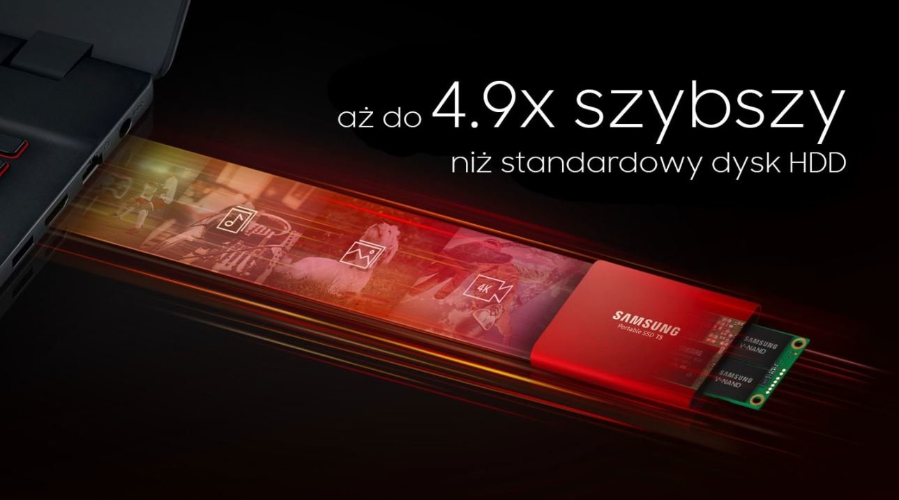 Dysk SSD Samsung T5 MU-PA1T0G/EU 1TB Czerwony widok od góry wizualizacja dużych szybkości