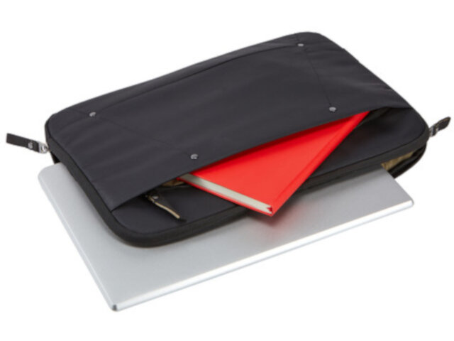Etui do laptopa Case Logic Deco 14 cali czarne otwarte z laptopem i notatnikiem w środku