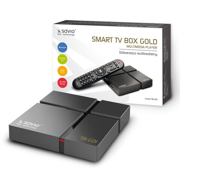 Odtwarzacz multimedialny Savio Smart TV Box Gold TB-G01 pod skosem z opakowaniem
