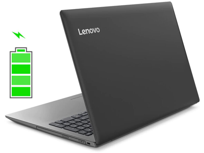 Laptop Lenovo Ideapad 330 S-15ARR 81FB006LPB szary otwarty widok z tyłu po skosie z widocznym logo, obok rysunek stanu baterii