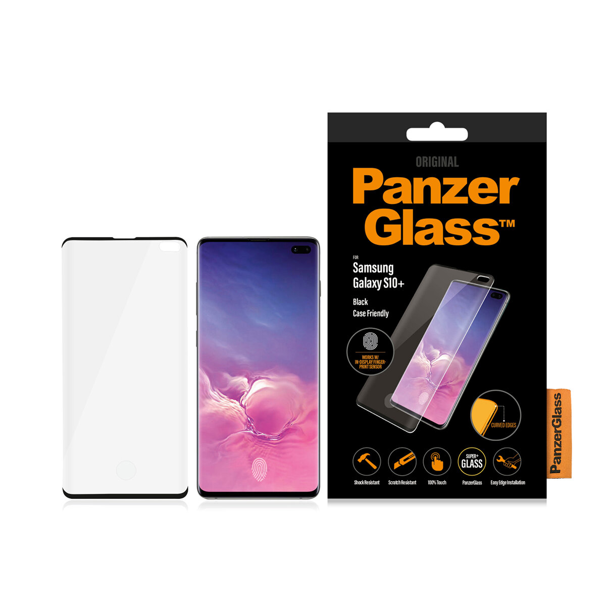 	Szkło hartowane PanzerGlass do Samsung Galaxy S10+ czarne szkło, telefon, pudełko obok siebie frontem