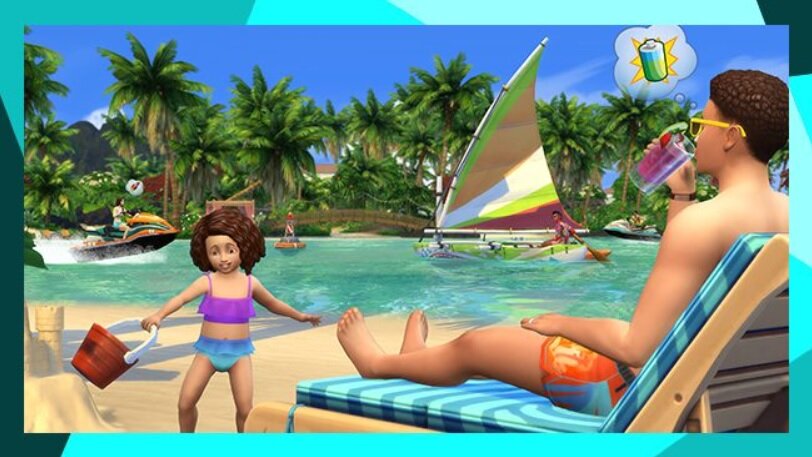 Dodatek do gry Electronic Arts The Sims 4 Wyspiarskie życie na PC pokazane Simy na plaży
