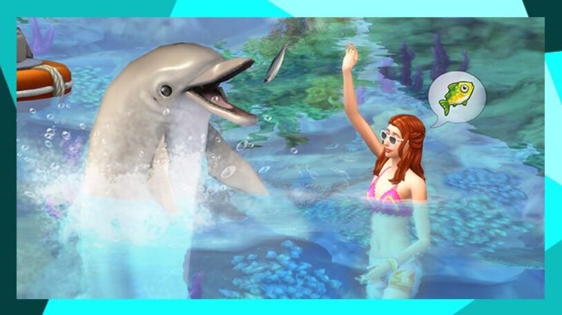 Dodatek do gry Electronic Arts The Sims 4 Wyspiarskie życie na PC pokazany Sim z delfinem