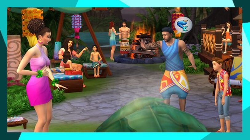 Dodatek do gry Electronic Arts The Sims 4 Wyspiarskie życie na PC pokazane Simy na spotkaniu