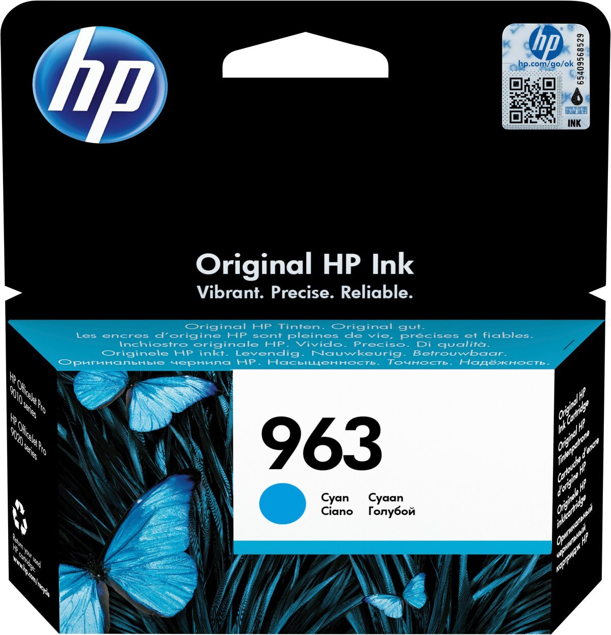 HP Tusz 963 3JA23AE Cyan Original Ink Cartridge widok od przodu na opakowanie