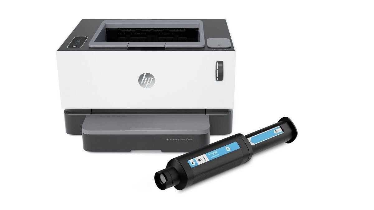 Drukarka HP Neverstop Laser 1000w 4RY23A drukarka od frontu i zestaw do napełniania