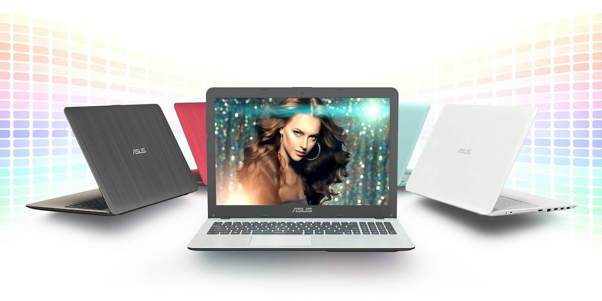 Laptop Asus X441BA-CBA6A AMD A6 widoczny frontem i kilka laptopów z tyłu 