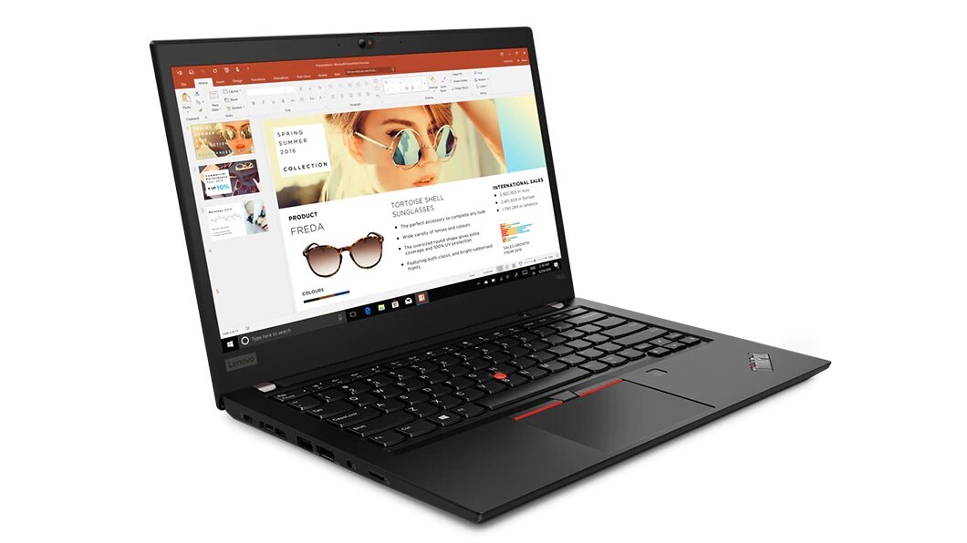 Notebook Lenovo ThinkPad T495 20NJ000XPB widok na otwarty ekran pod skosem od przodu