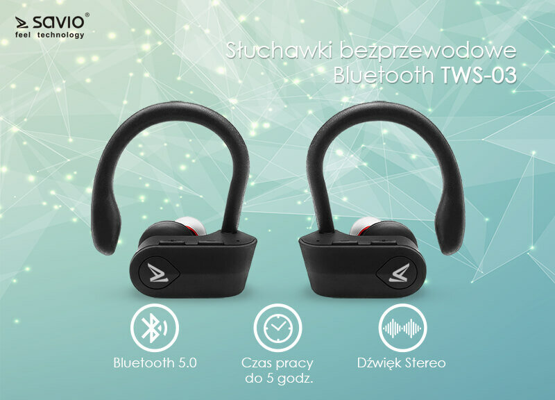 Słuchawki Savio TWS-03 Bluetooth czarne zbliżenie na słuchawki