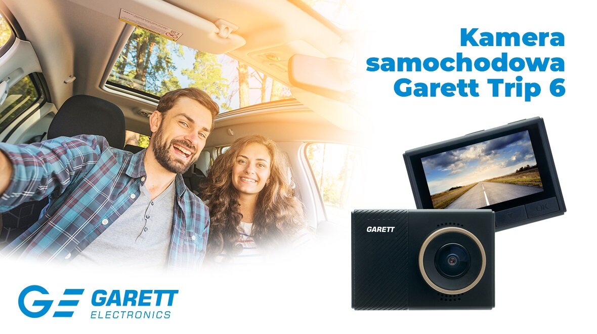 Kamera samochodowa Garett Trip 6 Full HD widok od frontu na zdjęcie kamery i kobietę z mężczyzną po boku