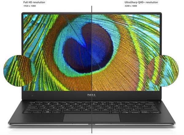 Laptop Dell XPS 13 9360-3766 od frontu porównanie jakości FHD z QHD