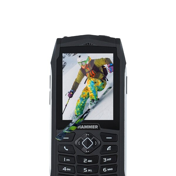 Telefon MyPhone Hammer 3 Srebrny od frontu z narciarzem na ekranie