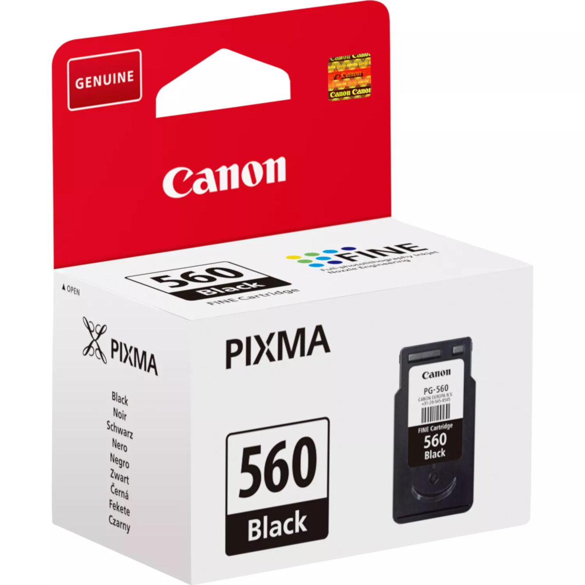 Tusz Canon PG-560 czarny, grafika przedstawia opakowanie z tuszem po skosie w prawo na białym tle
