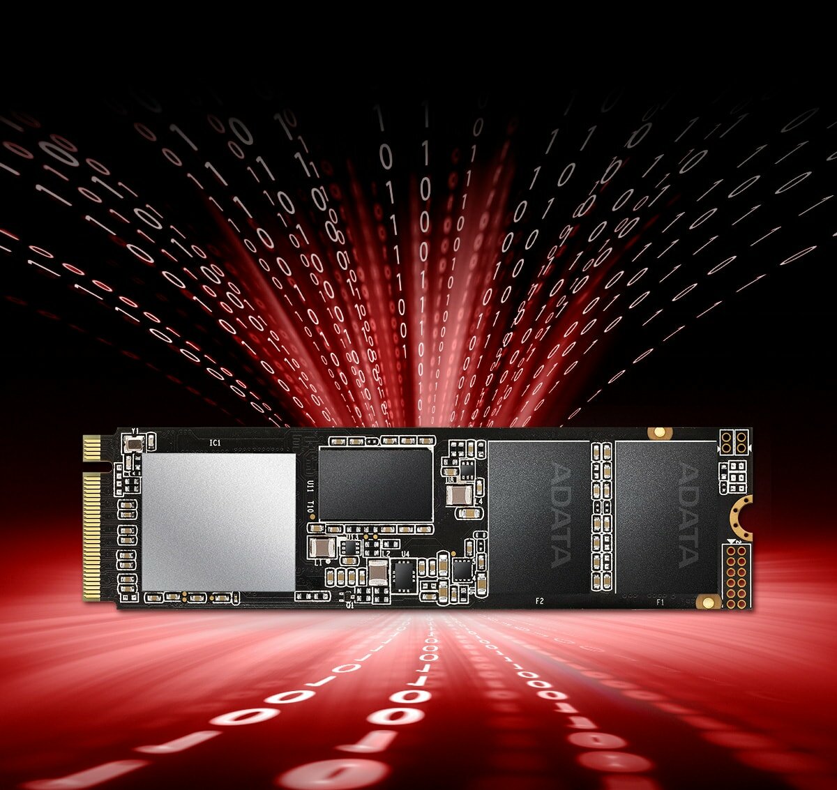 Dysk SSD Adata XPG SX8200 Pro 2TB  M.2 PCIe NVMe widok dysku na czarno czerwonym tle
