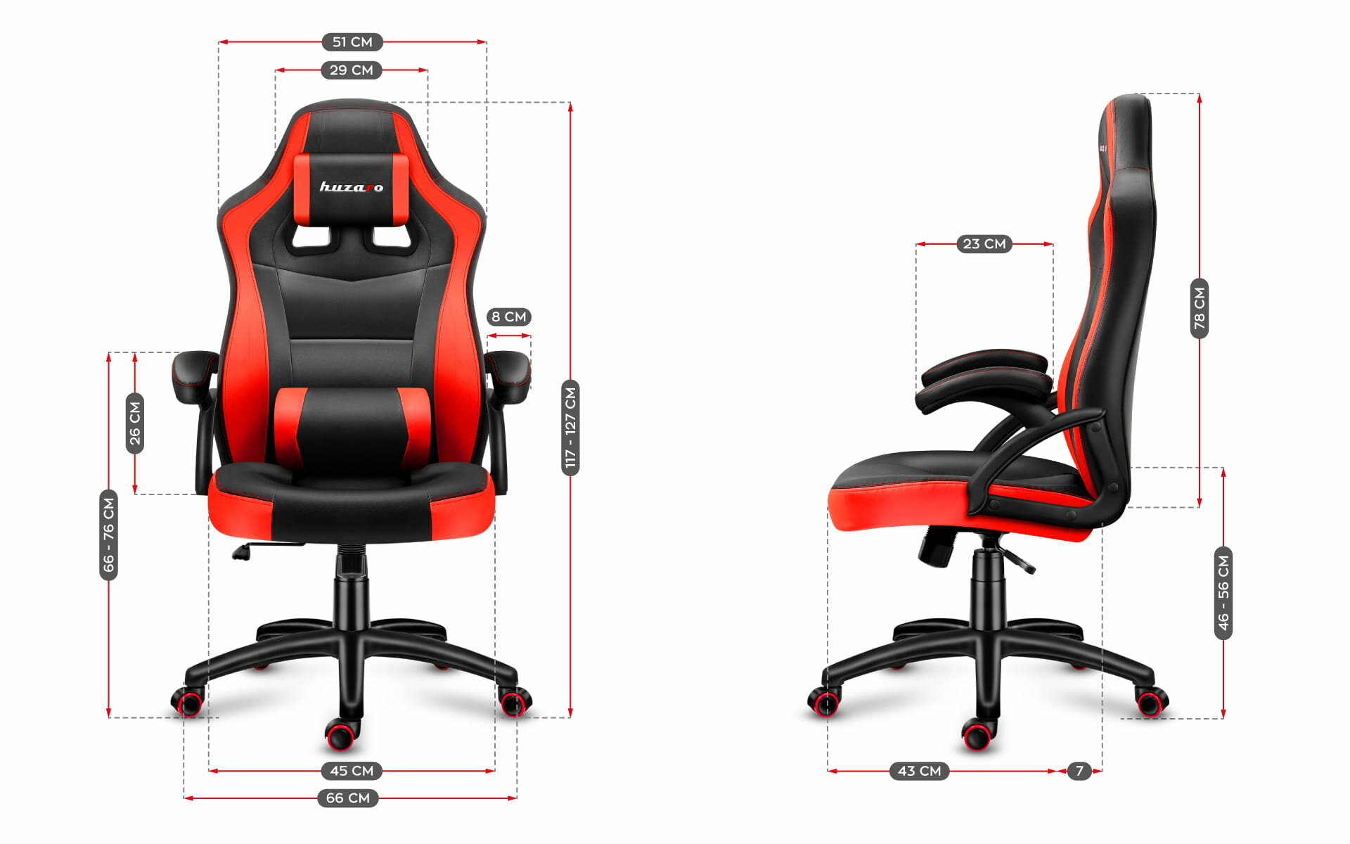 Krzesło gamingowe Huzaro Force 4.2 czerwone widok z przodu i boku z wymiarami