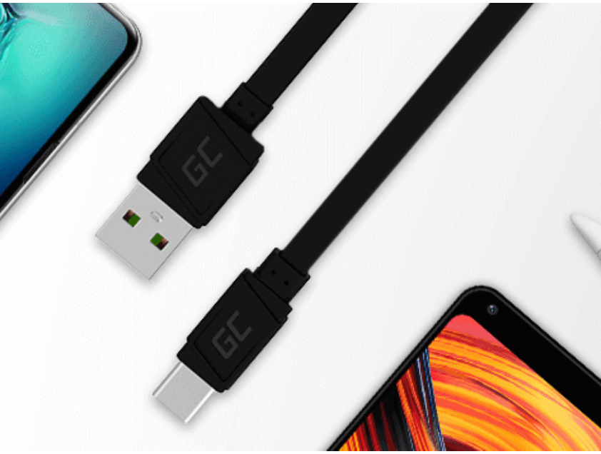 Kabel Green Cell Matte USB-C płaski 25 cm kabel i telefony widoczne z gory