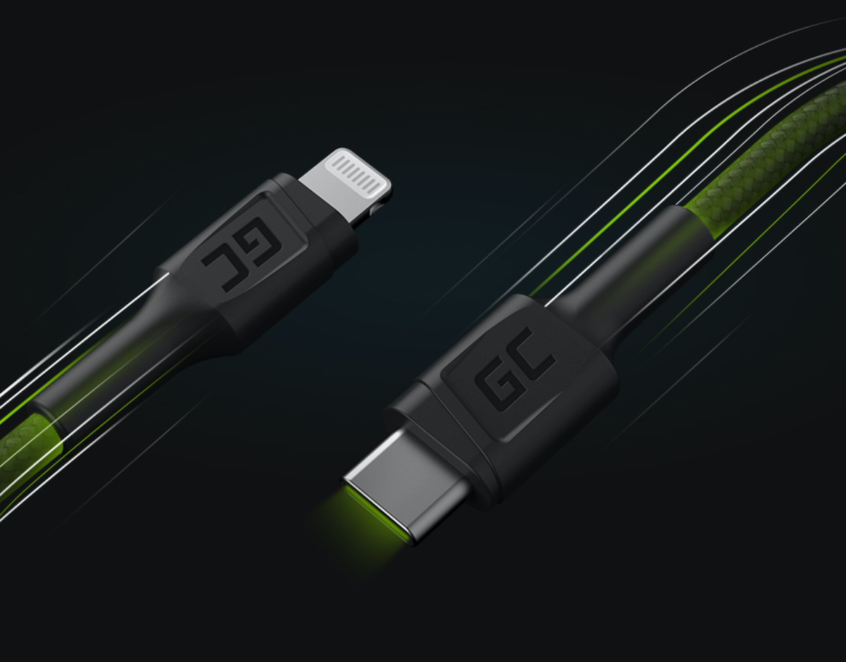 Kabel Green Cell Power Stream USB-C - Lightning 100 cm złącza kabla pod skosem