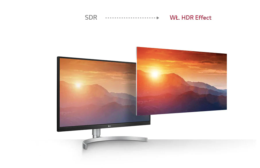 Monitor LG 27UL850-W LED 27 Biały widok od lewej strony na ekran porównanie obrazu SDR do HDR