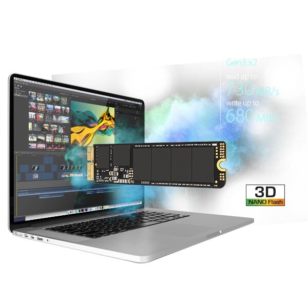 Dysk SSD Transcend JetDrive 820 240GB od frontu obok laptopa z grafiką cech