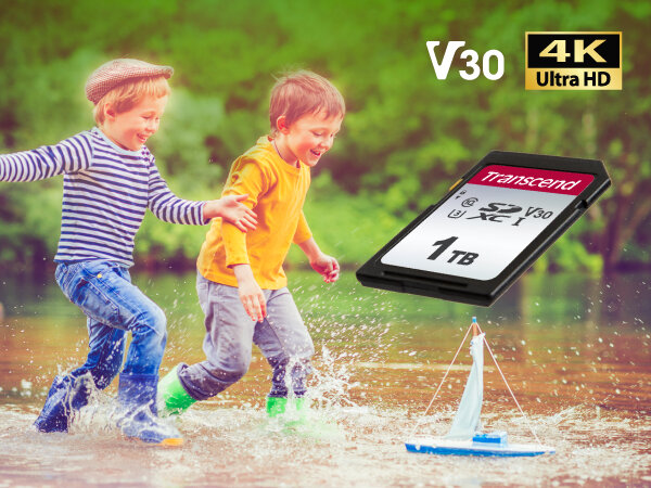 Karta pamięci Transcend Premium 300S SDXC 64 GB grafika przedstawiająca kartę pod skosem w tle dzieci biegające po wodzie