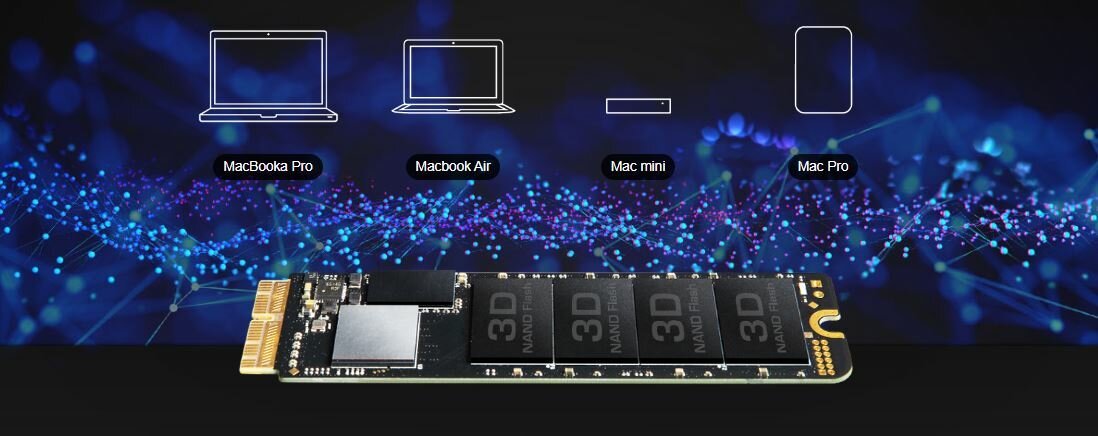 Dysk SSD Transcend JetDrive 855 480 GB widok dysku w poziomie, graficzne symbole urządzeń kompatybilnych z dyskiem