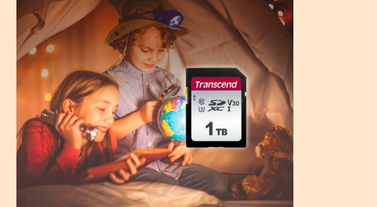 Karta pamięci SDXC Transcend 300S 512GB karta pamięci na tle bawiących się dzieci
