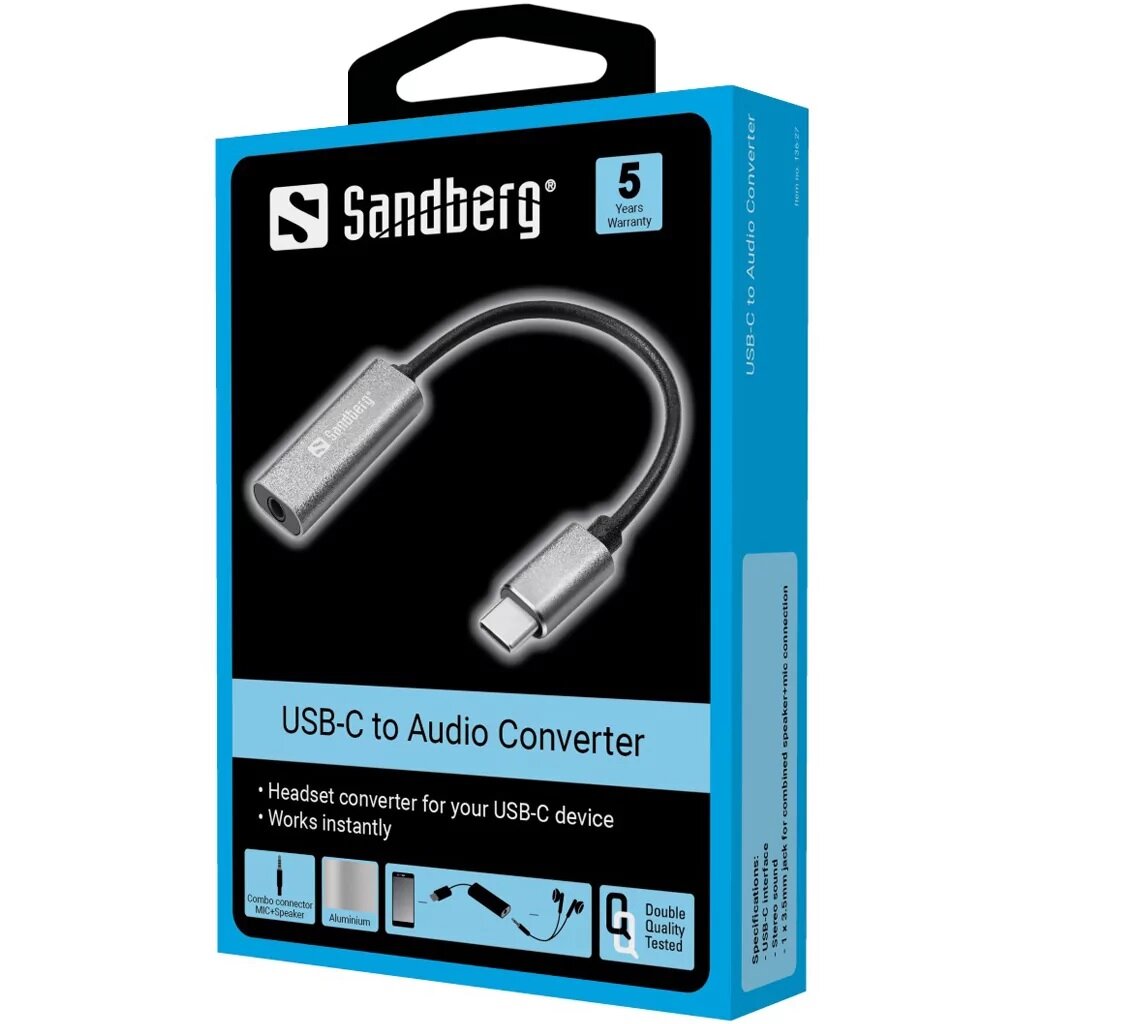 Kabel Sandberg USB-C Audio Adapter szary w opakowaniu po skosie na białym tle