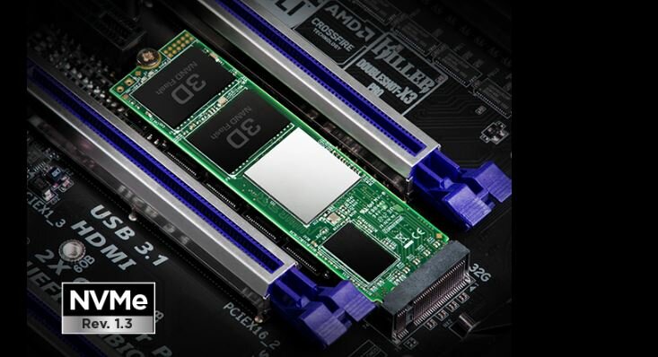 Dysk SSD Transcend 220S 256GB M.2 dysk zamontowany w płcyie głównej z informacją o standardzie NVMe