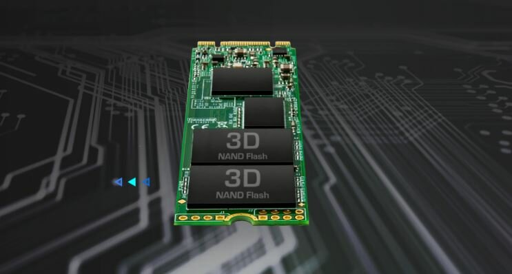 Dysk SSD Transcend 830S 1TB  M.2 widok dysku na tle grafiki z układami scalonymi