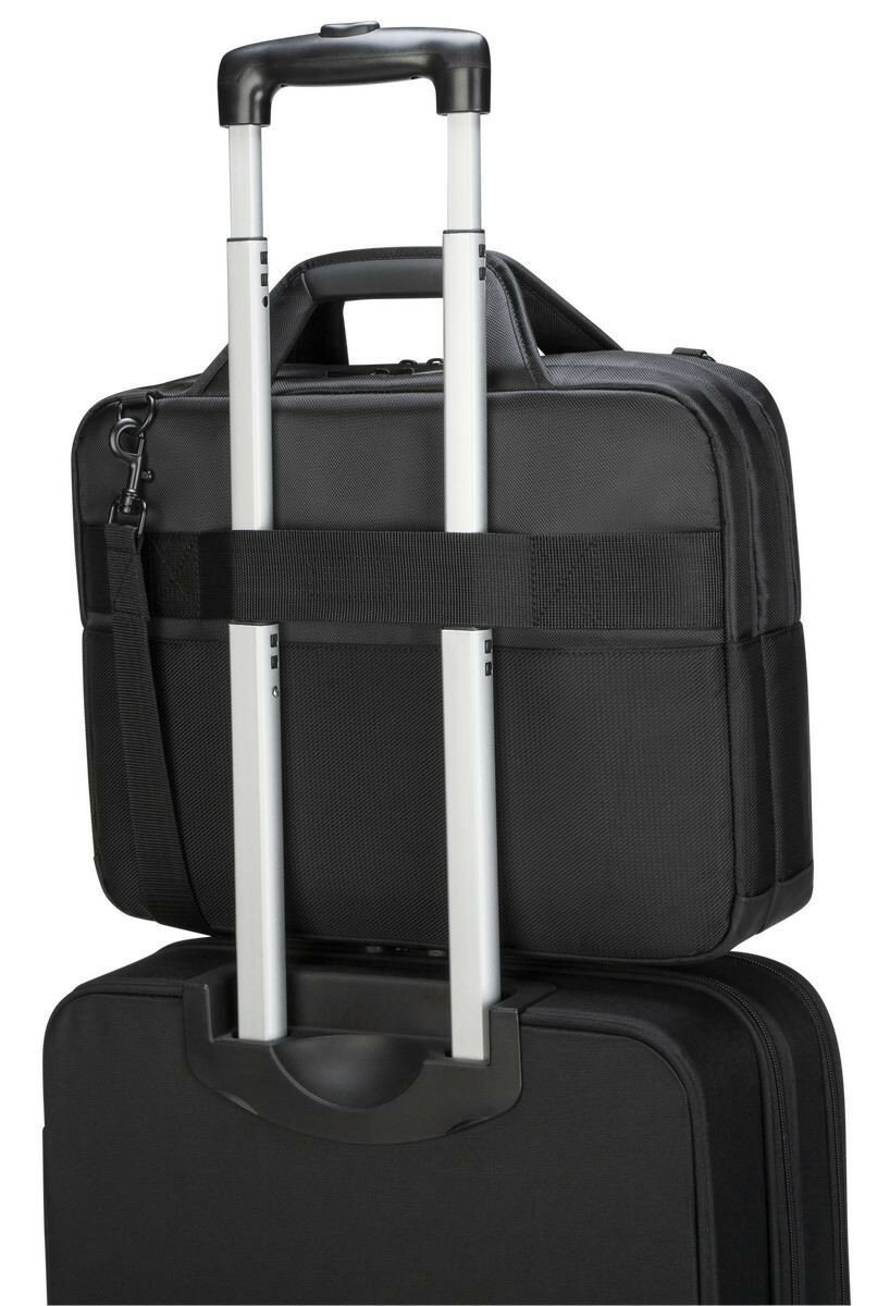 Torba na laptopa Targus CityGear 15.6'' czarna widok na torbę od tyłu zaczepioną na walizkę